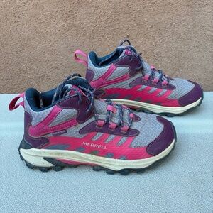 Merrell Kids' Moab Speed 2 Mid Waterproof hiking boots in a pink and purple